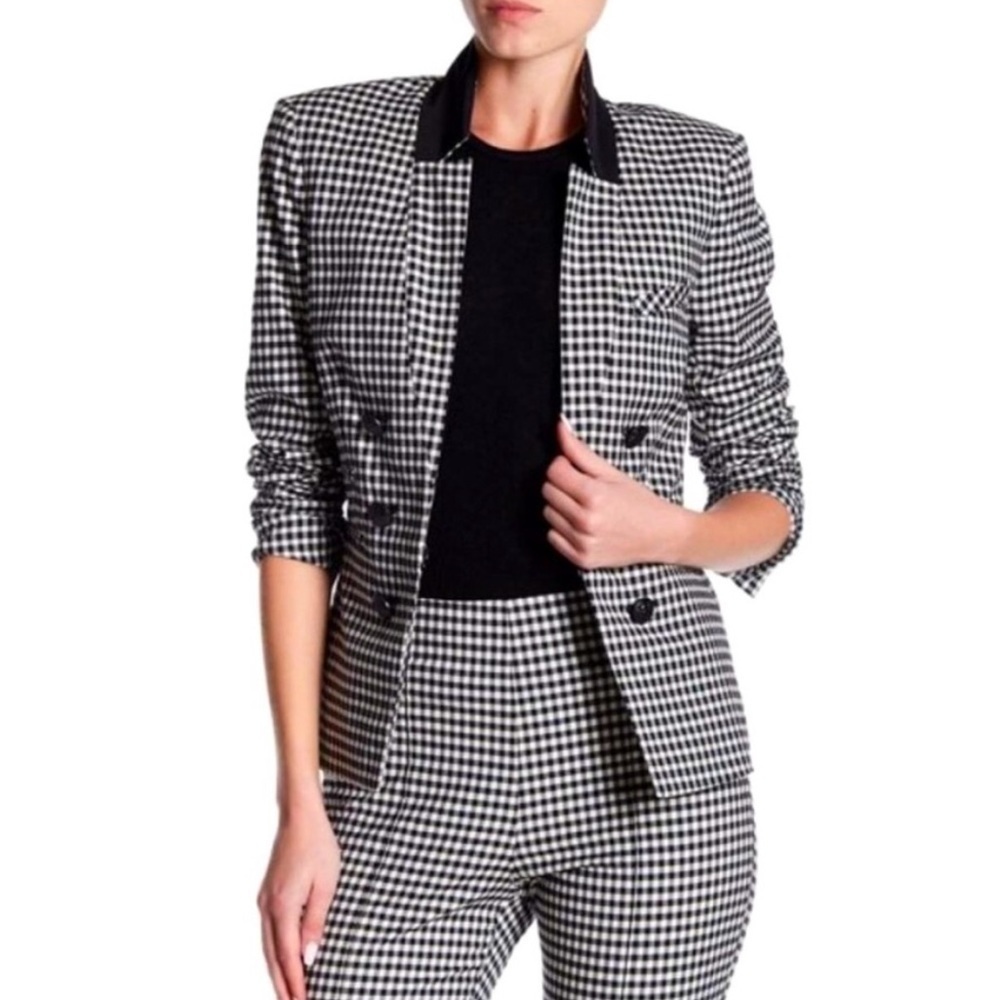 Veronica Beard "Cottage" jacket in gingham with double-breasted button detail.